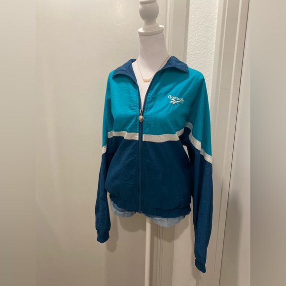 VTG Rare Retro 90s Reebok Teal & Navy Blue Color Block Windbreaker Jacket - L - Picture 4 of 16